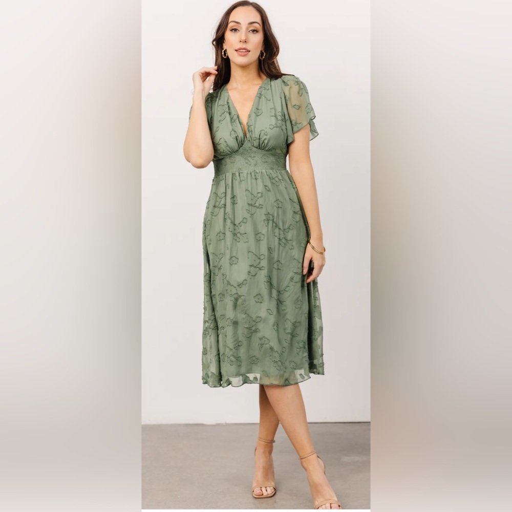 Baltic Born June Smocked Midi Dress Green Textured Chiffon, XL NWT Discontinued